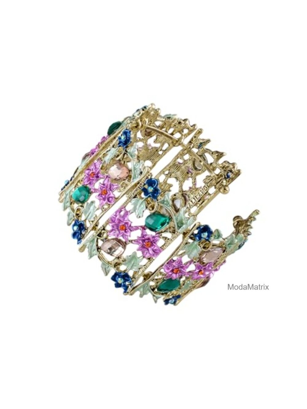 Vintage Floral Enamel Cuff Bangle Bracelet for Women, Goldtone Statement Jewelry